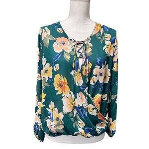 Wishful Park Green‎ Floral Wrap Blouse Size S Boho Romantic Fall
